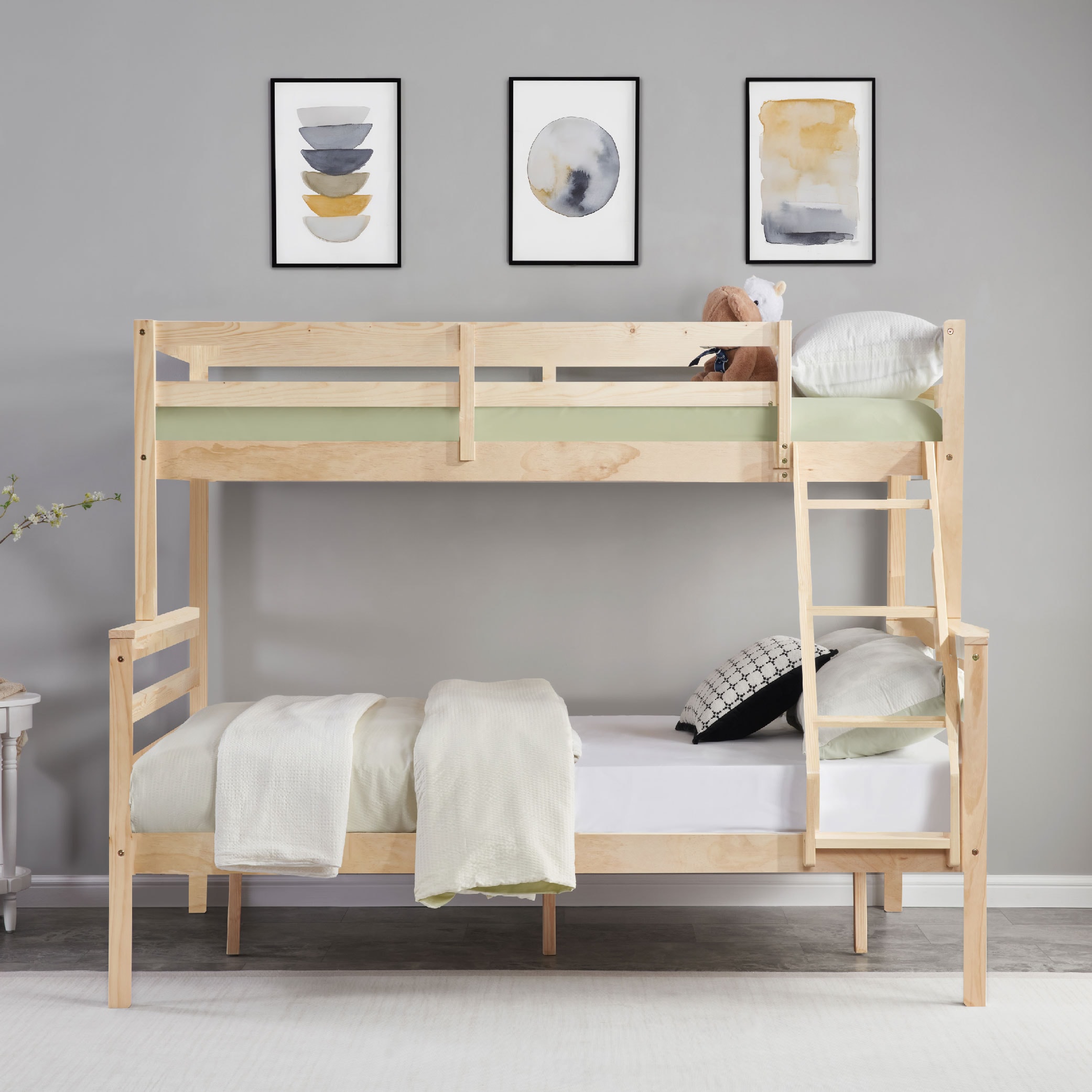 Twin over Full Bunk Bed with Ladder,Wooden Bunk Bed with High Guardrail and Ladder for Kids, Teens, Dorm Rooms, and Guest Rooms,No Box Spring Needed,Natural Twin over Full Bunk Bed with Ladder,Wooden Bunk Bed with High Guardrail and Ladder for Kids, Teens, Dorm Rooms, and Guest Rooms,No Box Spring Needed,Natural